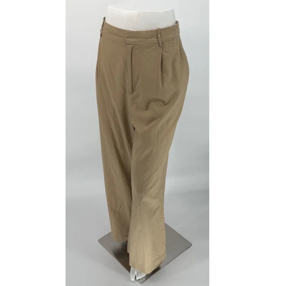 Zara Tan Khaki Linen High Waist‎ Pleated Wide Leg Trousers  XL Resortwear 102-57
